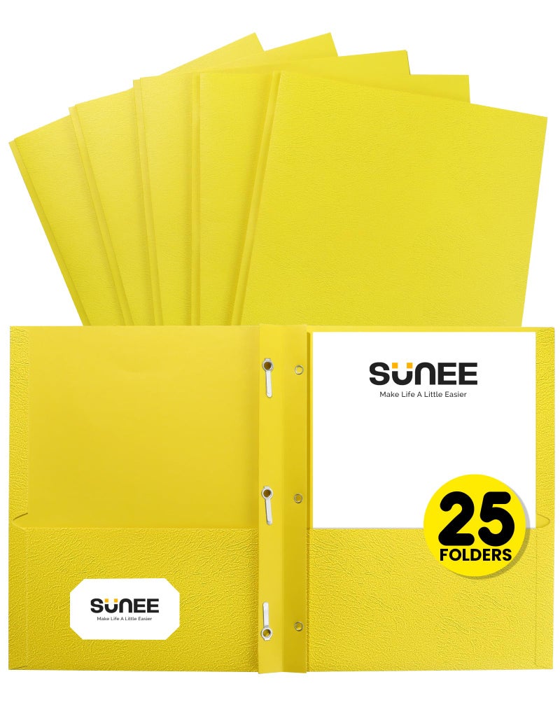 ساني مجلدات SUNEE ذات جيبين ومشابك (عبوة من 25 مجلدًا، لون أصفر)، مجلدات ورقية بجيبين و3 مشابك تناسب ورق بحجم الرسائل، مجلدات بمشابك للمدرسة والمكتب والمنزل والأعمال - Image 1